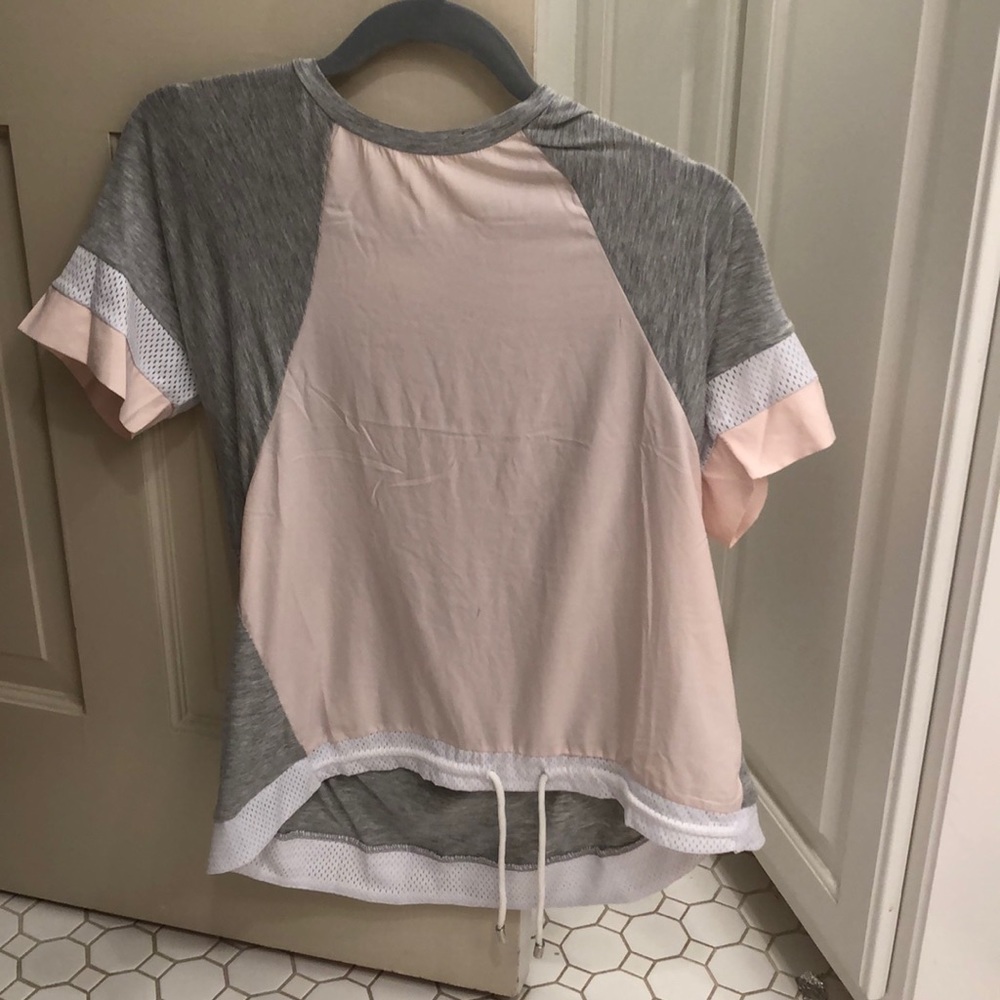 short sleeve grey pink and white top